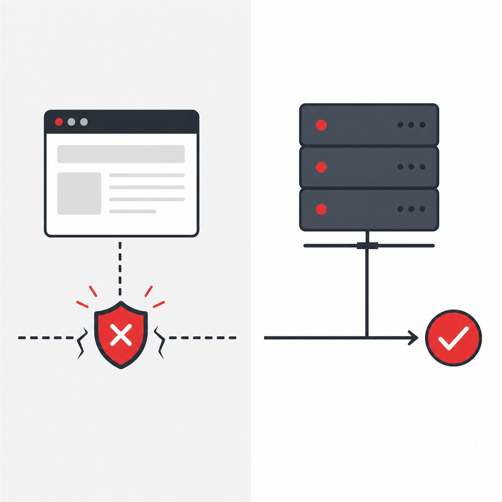 Illustration comparing broken browser-only tracking against reliable connected server-side tracking