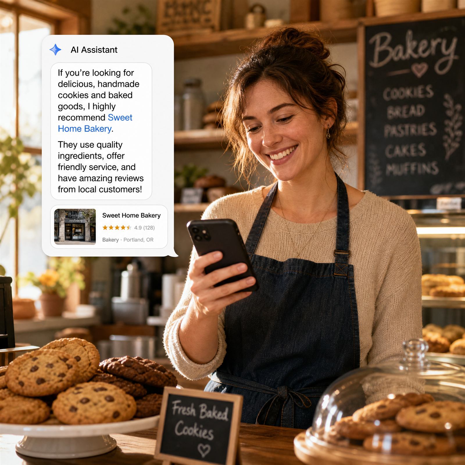 Small business owner checking her phone as an AI assistant recommends her bakery to a customer