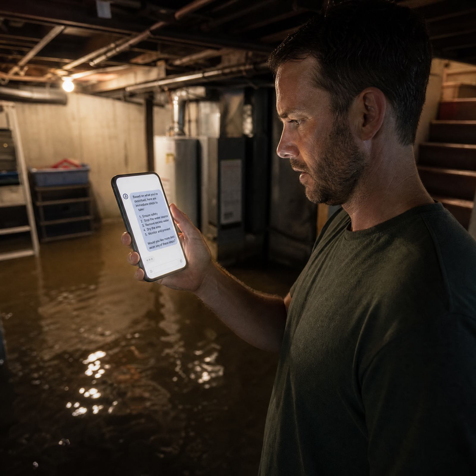 Homeowner in a flooded basement reading step-by-step AI guidance on his phone
