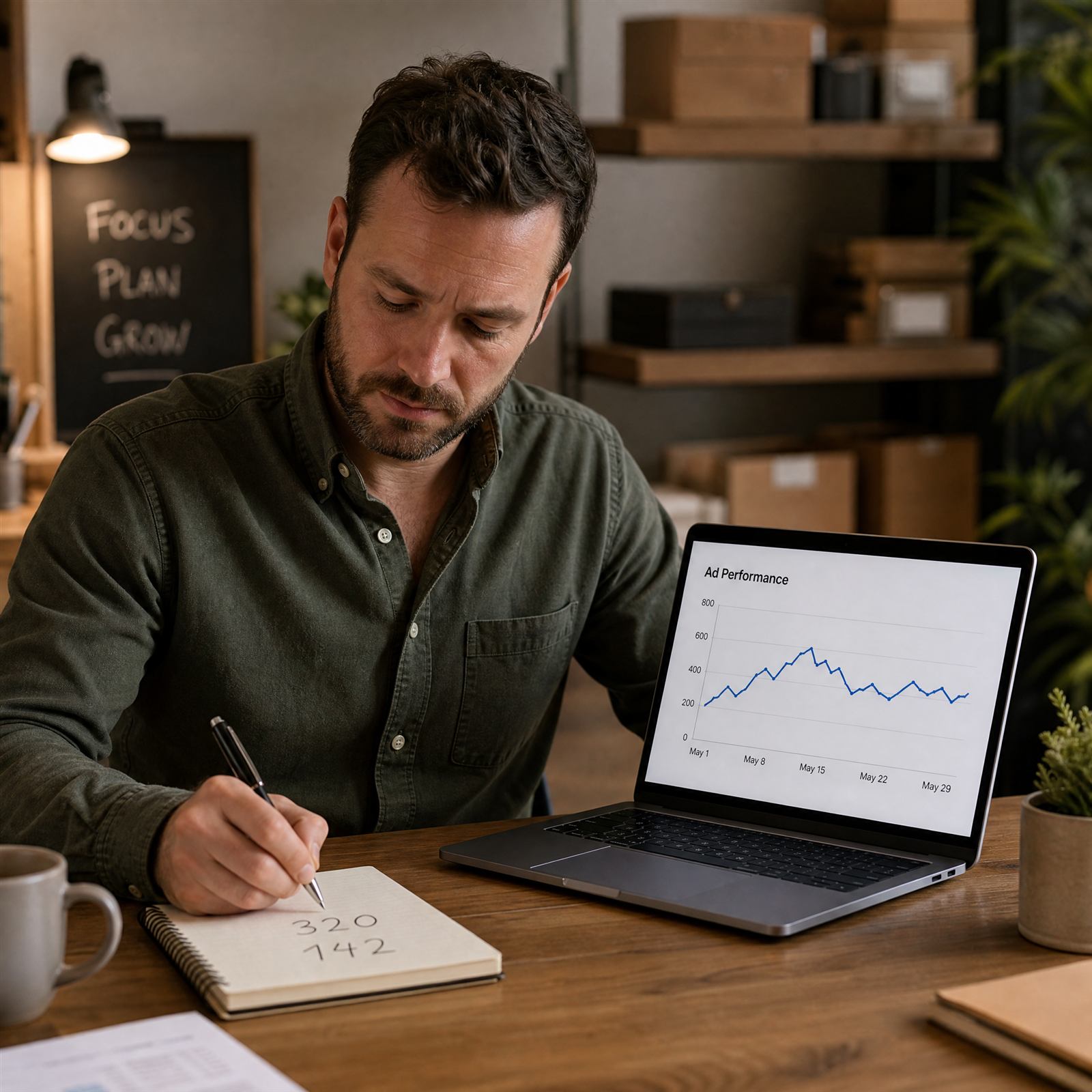 Business owner reviewing an ad performance chart on a laptop while taking notes