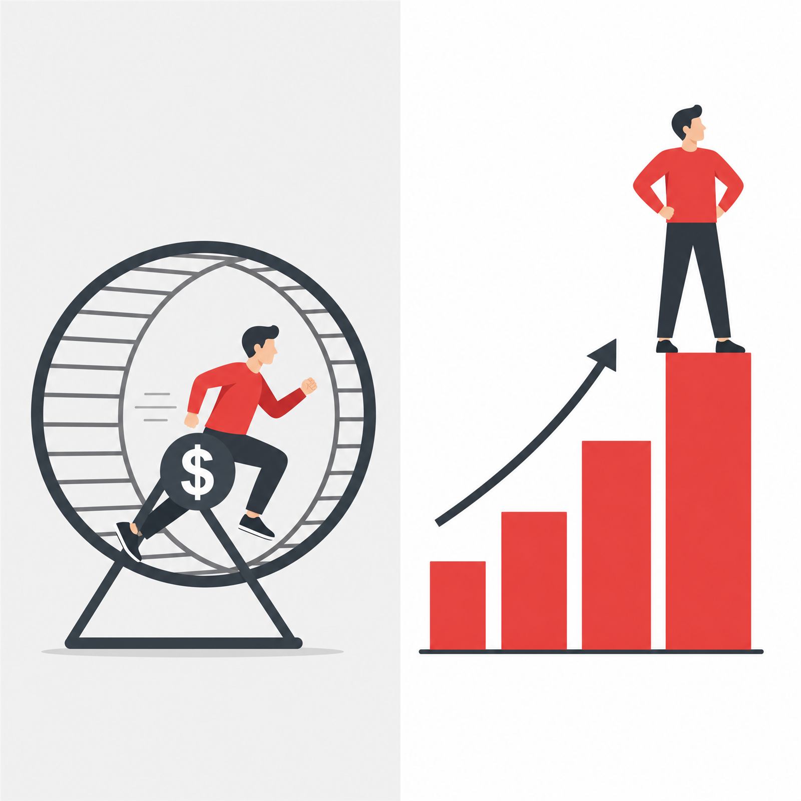 Illustration contrasting a man stuck running on a money hamster wheel versus a man standing atop a growing bar chart