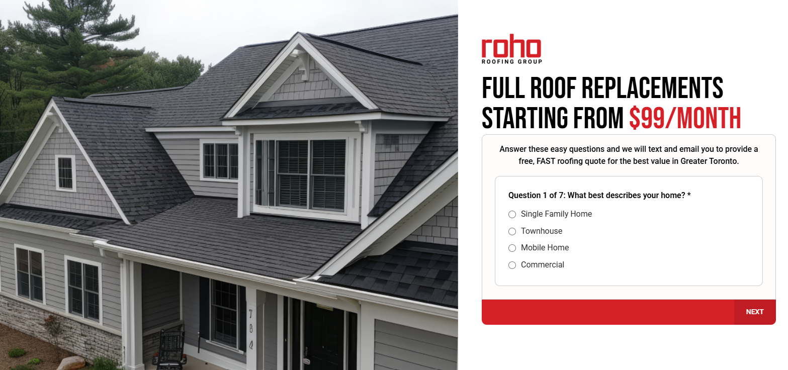 Roho Roofing Group landing page — full roof replacements from $99/month